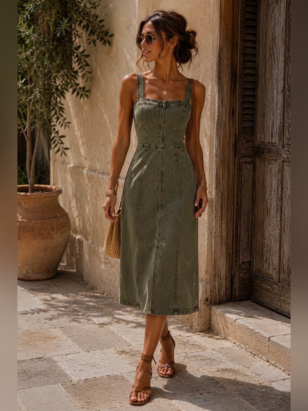 NWT GU Denim Front Zip Midi Dress Washed Khaki Brown Size S